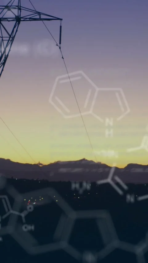 Chemical structures with program codes and a background of transmission towers Vidéo 342098132