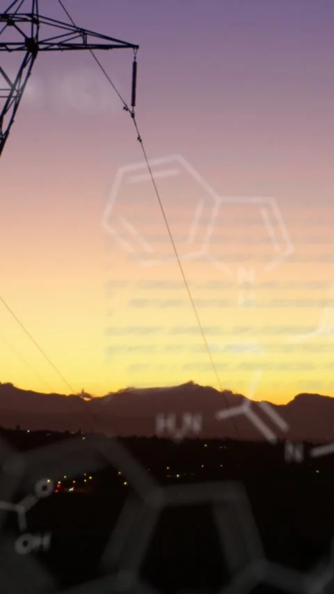 Chemical structures with program codes and a background of transmission towers Stock Footage 342136621