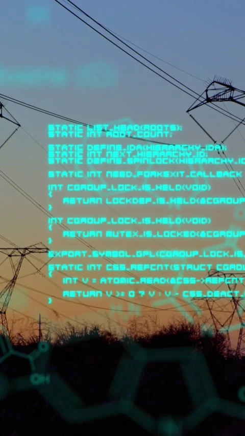 Chemical structures with program codes and a background of transmission towers Vidéo 342136626