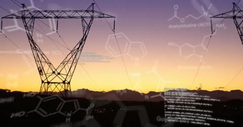 Chemical structures with program codes and a background of transmission towers Stock Photos