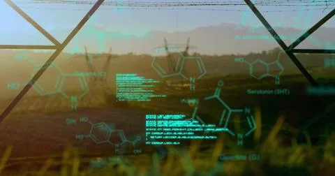 Chemical structures with program codes and a background of transmission towers Stock Photos