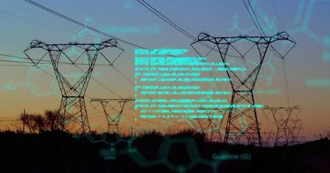 Chemical structures with program codes and a background of transmission towers Stock Photos