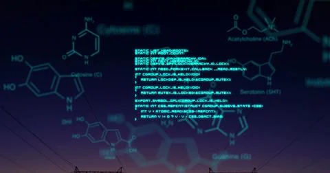 Chemical structures with program codes and a background of transmission towers Stock Photos