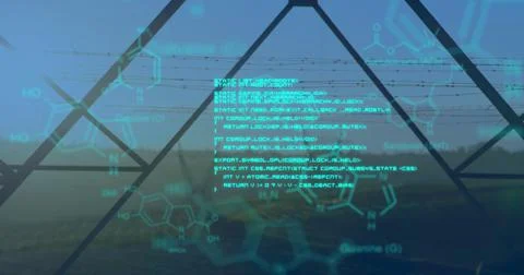Chemical structures with program codes and a background of transmission towers Stock Photos