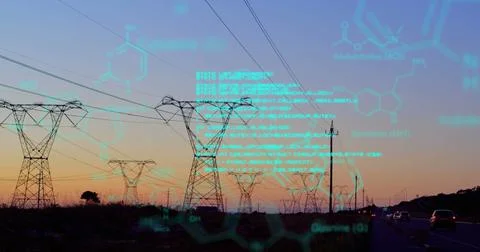Chemical structures with program codes and a background of transmission towers Stock Photos