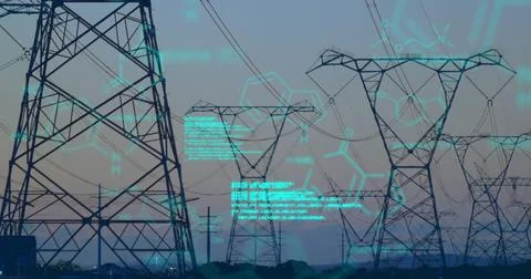 Chemical structures with program codes and a background of transmission towers Stock Photos