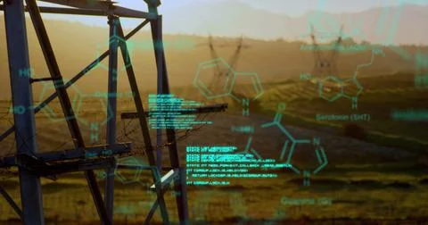 Chemical structures with program codes and a background of transmission towers Stock Photos