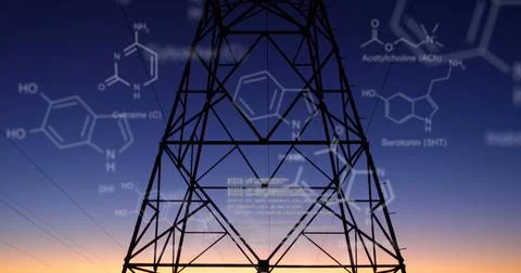 Chemical structures with program codes and a background of transmission towers Stock Photos