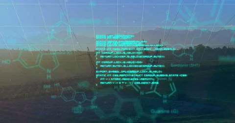 Chemical structures with program codes and a background of transmission towers Stock Photos