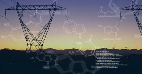Chemical structures with program codes and a background of transmission towers Stock Photos