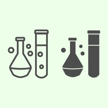 Chemical substance line and solid icon. Lab flask and test tube with liquids Stock Illustration