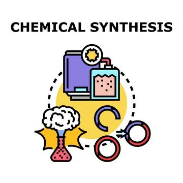 Chemical synthesis process creating molecular compounds concept Stock Illustration