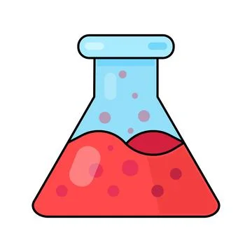 Chemical triangular glass flask science experiment with red liquid vector icon Stock Illustration
