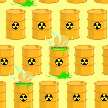Chemical waste dump. Seamless pattern with barrels of biohazard. Vector backg Stock Illustration