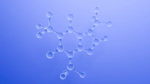 Chemicly accurate molecule of caffeine made of transparent frosty glass rotating Stock Footage 294202831