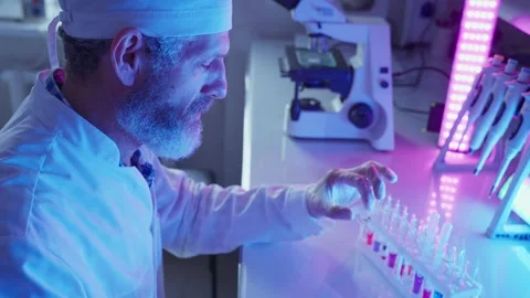 Chemist Analyzing Chemical Samples in Innovative Laboratory Setting at Night 스톡 동영상 281707694