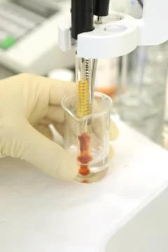 A chemist conducts a study of the stiffness of the solution. Laboratory PH Foto stock