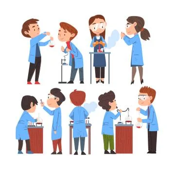 Chemist Doing Experiments Set, Scientist or Student Characters in Lab Coat Illustrazione stock