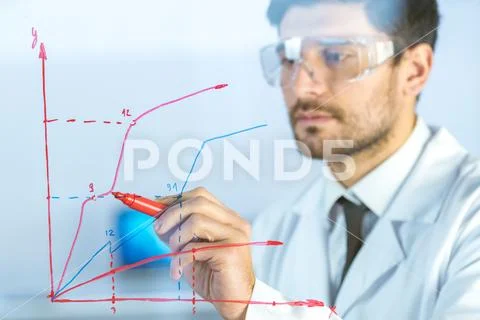 The chemist draw the graph at the virtual screen Stock Photos