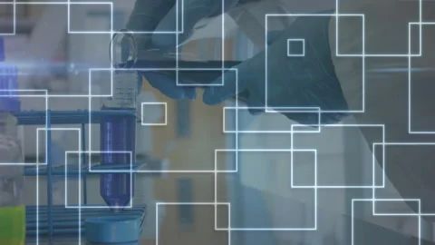 Chemist grasping flask triggers grid overlay pouring purple solution into beaker Stockbeeldmateriaal 315530104