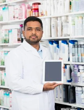 Chemist Holding Digital Tablet With Blank Screen Stock Photos