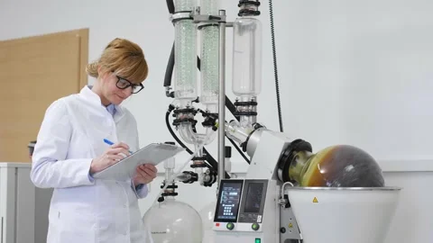 Chemist inspecting rotavapor machine in laboratory and writing down results. Stock Footage 141911787