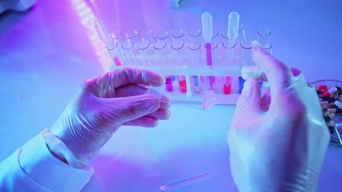 Chemist performing lab test with test tubes and droppers 스톡 동영상 281313563