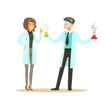 Chemist in protective glasses holding test tubes and female colleague Stock Illustration
