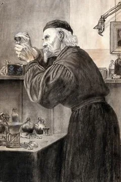 A chemist in a smock and skull cap pouring a liquid from a bottle The shelf and Illustrazione stock