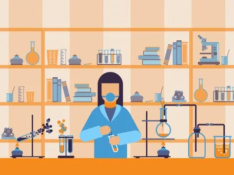 Chemist at work in laboratory, flat style vector illustration. Chemical lab Stock Illustration
