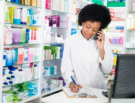 Chemist Writing On Clipboard While Using Cordless Phone 写真素材