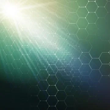 Chemistry 3D pattern, hexagonal molecule structure on green, scientific medical Stock Illustration