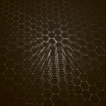 Chemistry 3D pattern, hexagonal molecule structure on black, scientific med.. Illustrazione stock