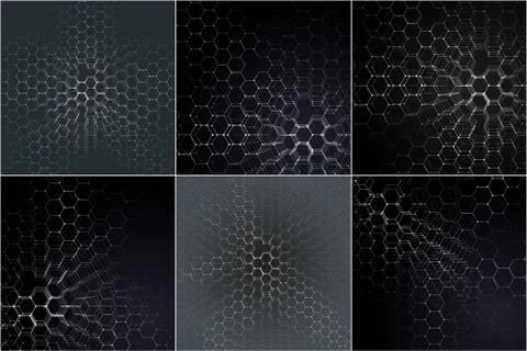 Chemistry 3D patterns, hexagonal molecule structure on black, scientific medical Stock Illustration