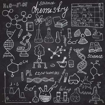 Chemistry and sciense elements doodles icons set. Hand drawn sketch with micr Stock Illustration