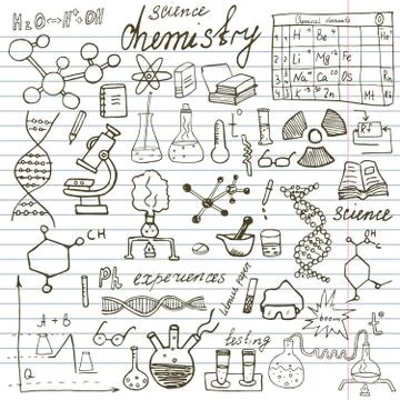 Chemistry and sciense elements doodles icons set. Hand drawn sketch with micr Stock Illustration