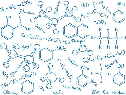 Chemistry background - molecule models and formulas Stock Illustration