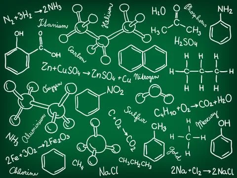 Chemistry background - molecule models and formulas Stock Illustration