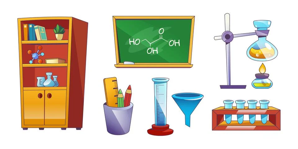 Chemistry classroom elements set Stock Illustration