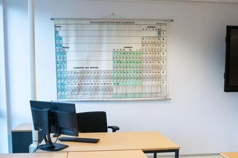 Chemistry classroom with periodic table of elements Stock Photos