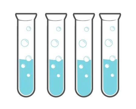 Chemistry concept. Four lab flasks with blue liquid and bubbles rising up over Stock Illustration