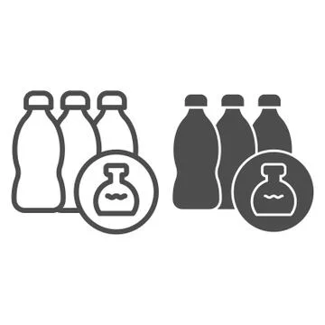 Chemistry detergents line and solid icon. Three plastic water bottle and flask Stock Illustration