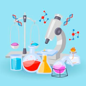 Chemistry equipment for experiments. Vials, microscope, test-tubes with reagents 스톡 일러스트