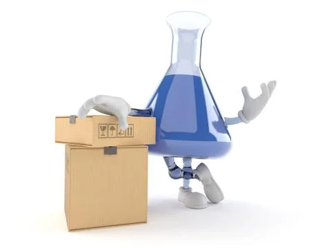 Chemistry flask character with stack of boxes Illustrazione stock