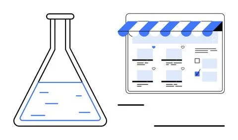 Chemistry flask next to a webstore screen with an awning. Ideal for science,  Stock Illustration