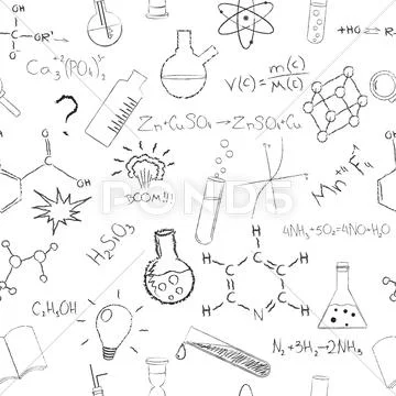 Chemistry formulas and flasks on white background. Seamless pattern. Vector Stock Illustration