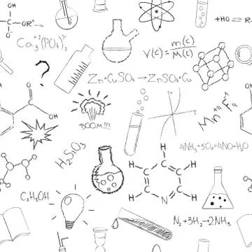 Chemistry formulas and flasks on white background. Seamless pattern. Vector Stock Illustration