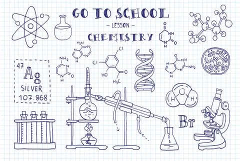 Chemistry. Hand sketches on the theme of Chemistry. Note book page paper. Vector Stock Illustration