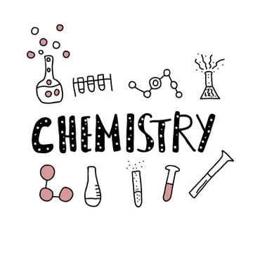 Chemistry handwritten lettering with objects in doodle style. Science researc Stock Illustration