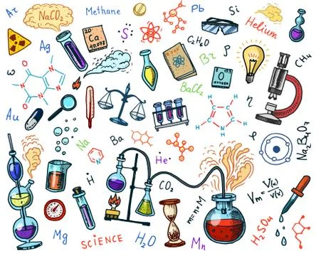 Chemistry of icons set. Chalkboard with elements, formulas, atom, test-tube and イラスト素材